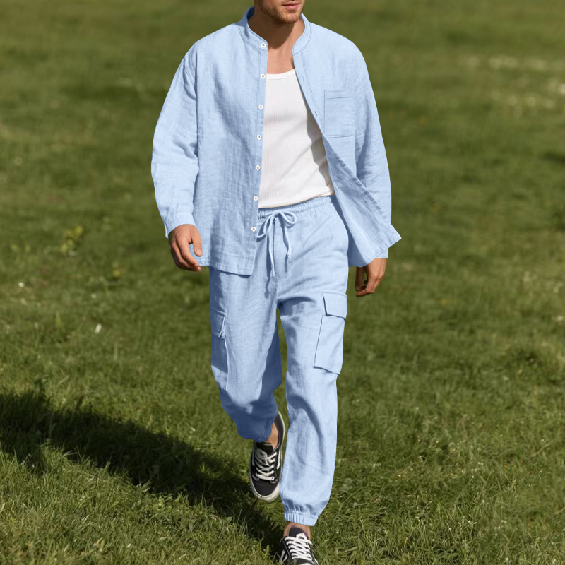 Linen Shirt Breathable - 남성용 린넨 통기성 투피스 세트 (스탠드