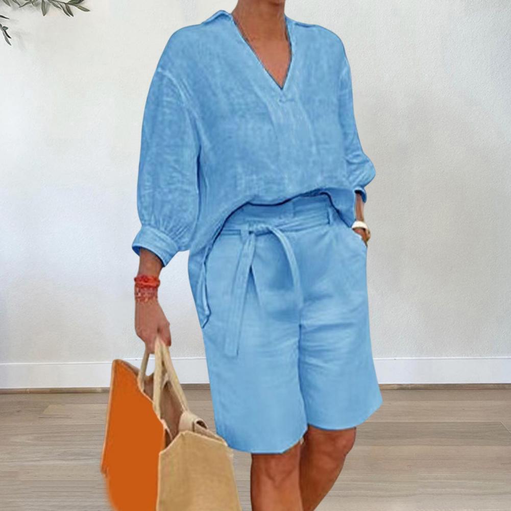 Linen Shirt Breathable - 면 린넨 여성 투피스 세트 캐주얼