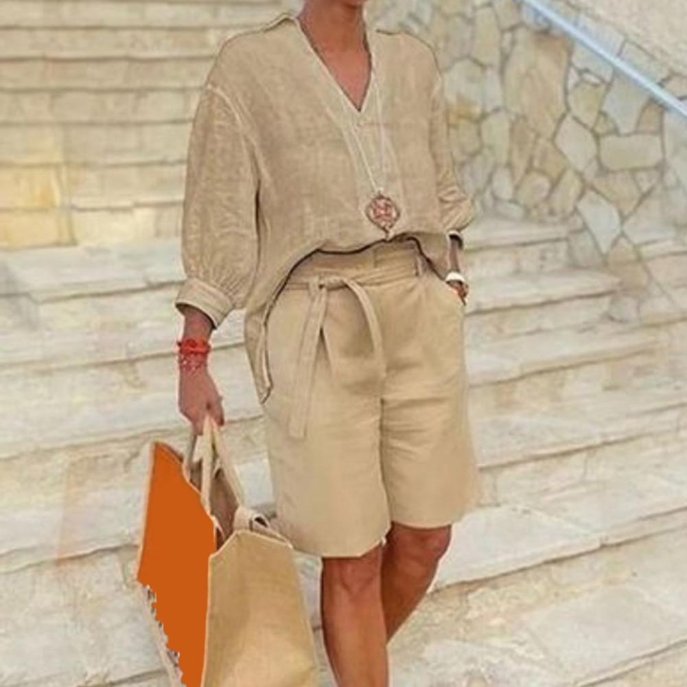 면 린넨 여성 투피스 세트 캐주얼 V넥 반팔 라펠 셔츠 - Linen Shirt Breathable 리뷰 및 가격